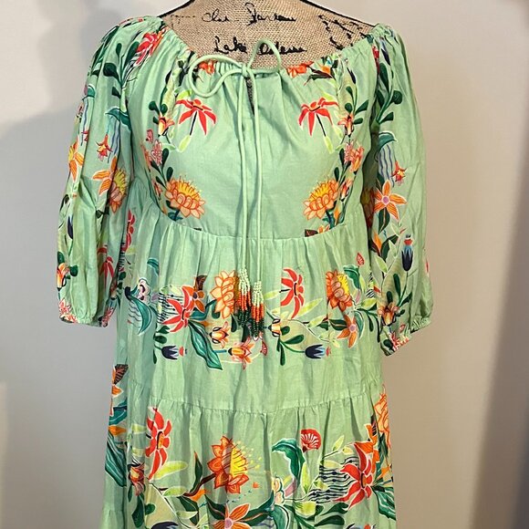 ANTHROPOLOGIE FARM RIO OFF THE SHOULDER TIERED FLORAL BEADED MIDI DRESS SM E/P - Picture 1 of 9